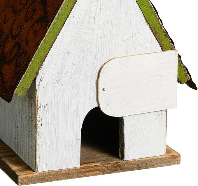 Glitzhome Bird Houses for Outside, Blue Bird Houses for Outdoors, 8.25" H Solid Wood Decorative Hanging Bird House Distressed Cottage Outdoor Garden Birdhouse with 3D Metal Roof and Flower