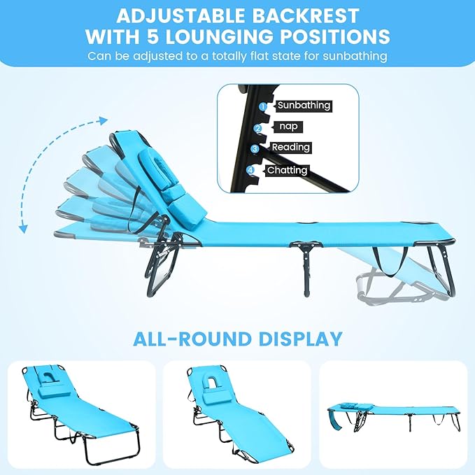 GYMAX Tanning Chair, 350lbs Beach Lounge Chair with Face Hole, Detachable Washable Pillow & Carry Strap, Adjustable Folding Chaise Lounge, Layout Chair for Outside, Patio, Poolside, Lawn (1, Arctic)