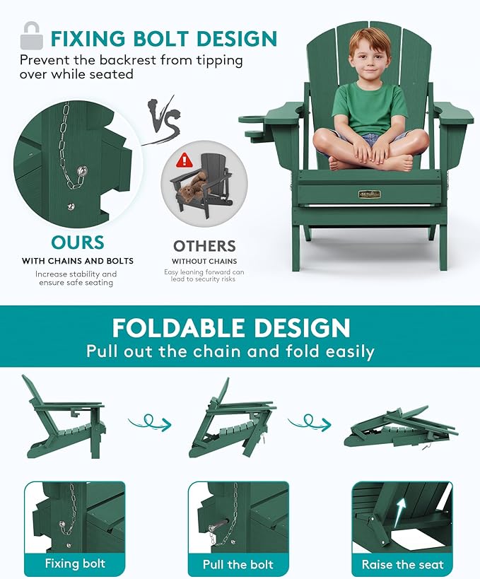 SERWALL Foldable Adirondack Chair Set of 2 for Patio Garden All Weather Adirondack Chairs with Cup Holder Outdoors Fire Pit Chairs-Green