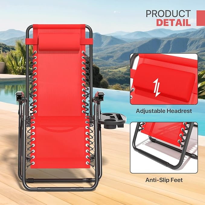 Magshion Zero Gravity Lounge Chair, Adjustable Folding Recliner with Cup Holder Side Tray & Removable Headrest Pillow, Portable Outdoor Patio Lounger for Camping, Beach, Lawn, Backyard, Red