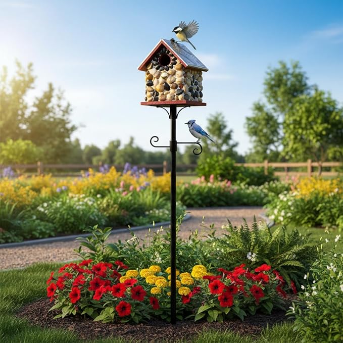 Premium River Pebble Bluebird House – Cedar Wood Outdoor Birdhouse with Embedded Metal Roof, Weather-Resistant Garden Nest Box for Wild Birds, Hanging & Pole Mountable (Red)