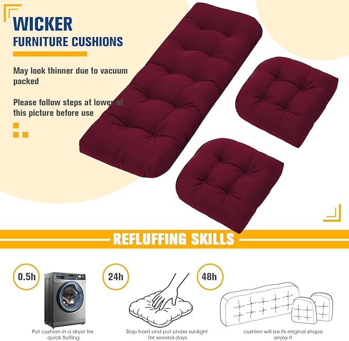 Patio Furniture Cushions Outdoor, Waterproof Wicker Chair Cushions Set of 3, 1 Loveseat & 2 Seat Pads, Thick Outdoor Replacement Cushions for Porch Lawn Bench Couch Sofa Swing, Burgundy