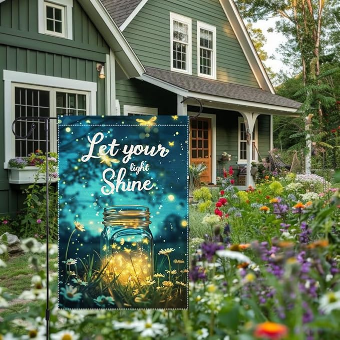 Let Your Light Shine Garden Flag 12x18 Inch Double Sided Small Burlap Summer Outdoor Yard Decor Fireflies Mason Jar Flowers Patio Lawn Porch Decorations