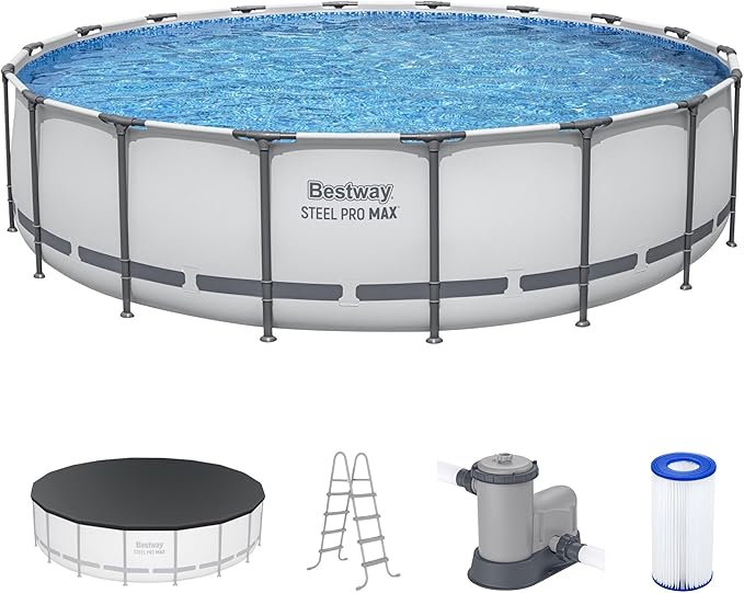 Bestway Steel Pro MAX 18' x 48" Above Ground Pool, Round Metal Frame Outdoor Swimming Pool Set with Filter Pump, Ladder, and Cover, Gray