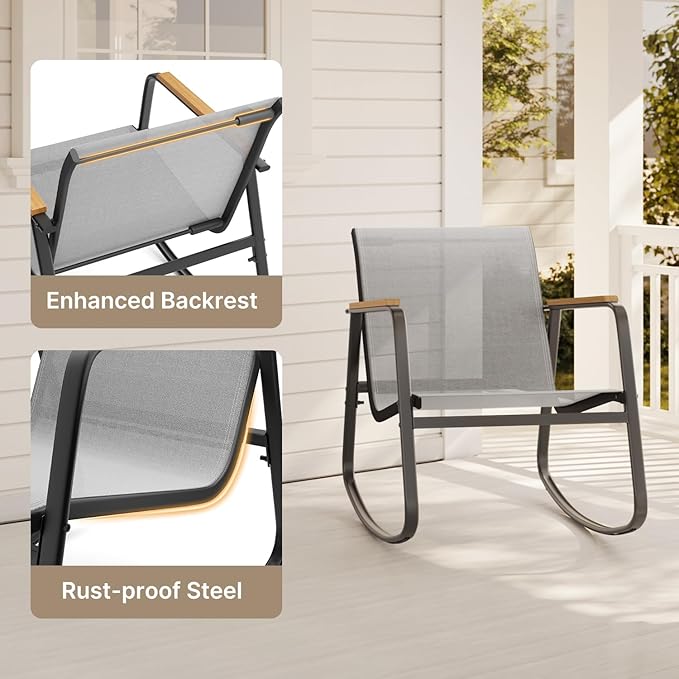 Aiho 3 Piece Patio Bistro Set, Textilene Outdoor Furniture Set with Patio Rocking Chairs with Wooden Armrests and Glass Table for for Lawn, Porch, Balcony, Poolside(Grey)