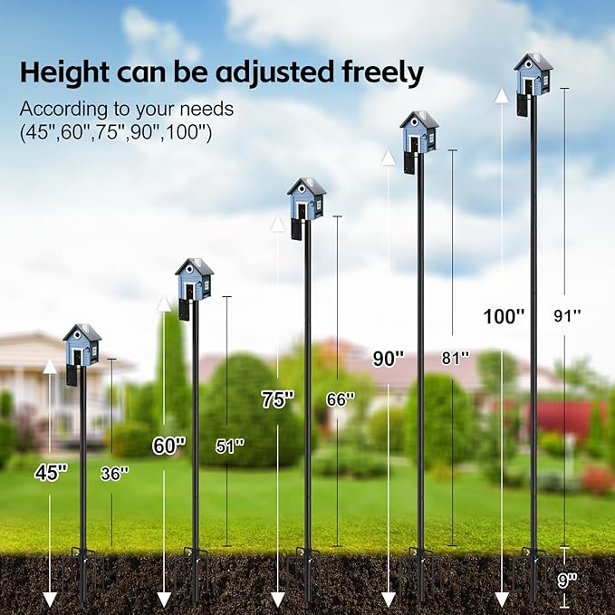 Bird Feeder Pole,100" Outdoor Bird House Pole Kit Stand with 5-Pronged Base, Adjustable Height & Universal Mount for Easy Setup, 2 Installation Methods, Matte Black Finish (Without Feeder)