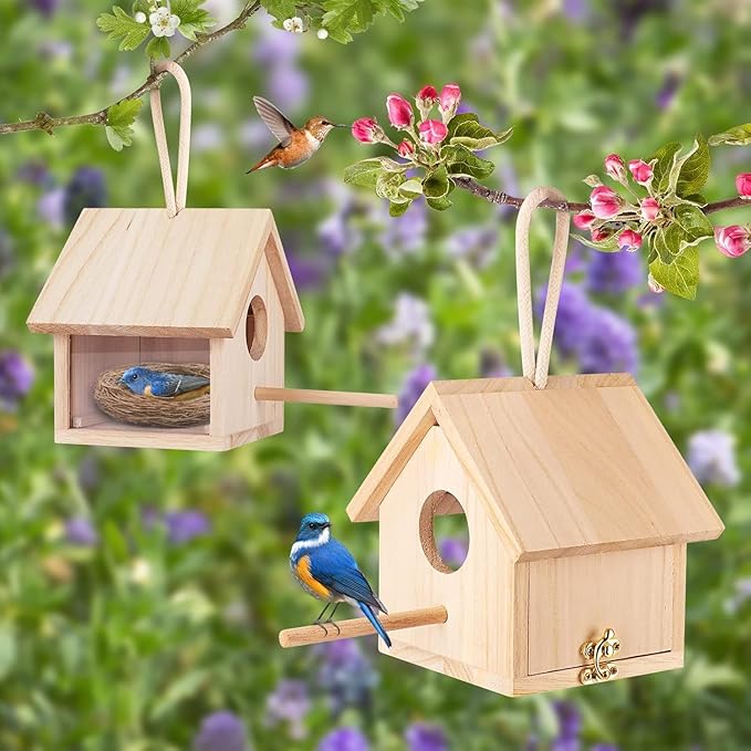 Bird Houses for Outside Clearance with Pole, Wood Birdhouse Blue Transparent Outdoor Bird Houses for Hanging Garden Birdhouse Clearance for Finch Swallow Sparrow Hummingbird Throstle