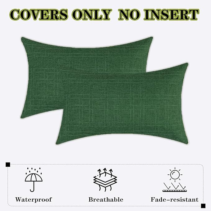 Kevin Textile Pack of 2 Outdoor Waterproof Pillow Covers Checkered Decorative Cushions Sham Throw Pillowcases Shell for Patio Tent Garden Couch Bed Sofa 20x12 Inch Dark Green