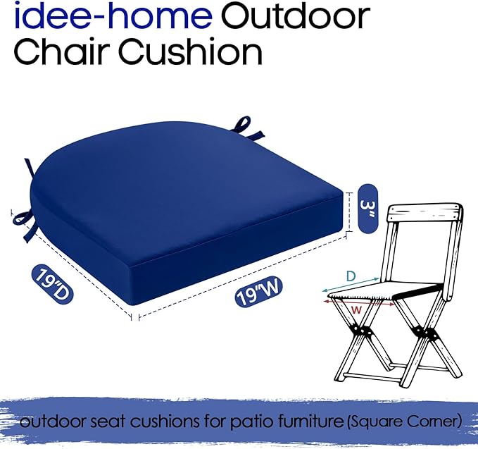 idee-home Outdoor Chair Cushions Set of 4, Thick 19" x 19" x 3" Outdoor Seat Cushions Patio Furniture Waterproof with Ties, Dining Pads