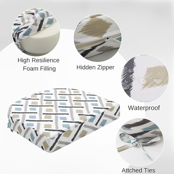 idee-home Outdoor Chair Cushions Set of 2, Thick 17" x 17" x 3" Outdoor Seat Cushions Patio Furniture Waterproof with Ties, Dining Pads