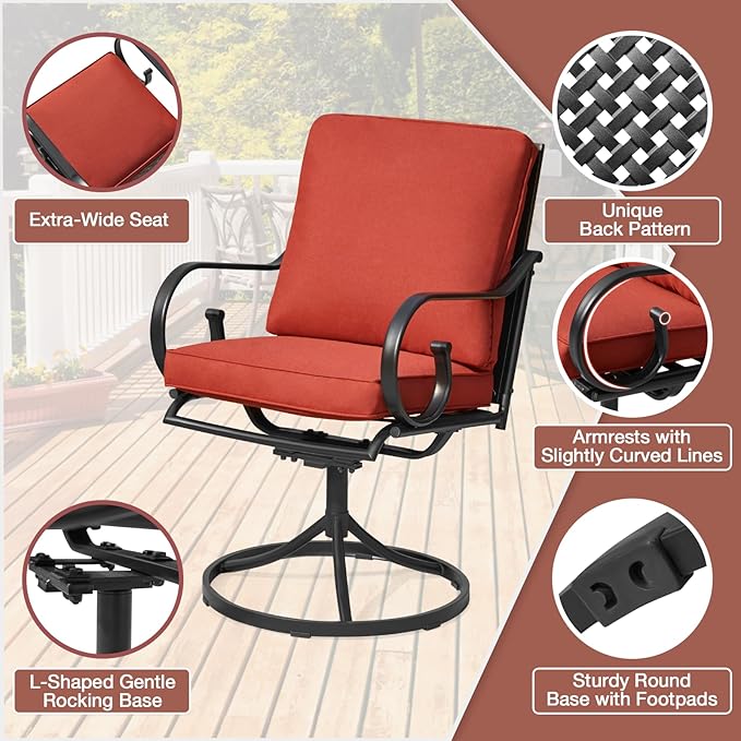 MELLCOM 5 Pcs Outdoor Dining Set, 4 Swivel Rocker Chairs with Thick Cushions & Square Dining Table with Umbrella Hole, Patio Furniture Set for Porch, Red