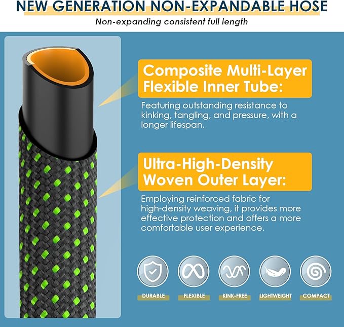 Non-Expandable Garden Hose 25 FT, Lightweight Hose with 10 Function Spray Nozzle, Kink-Free Flexible Water Hose, Durable, Leak-Proof, 360° Swivel Connectors, Portable Storage Strap