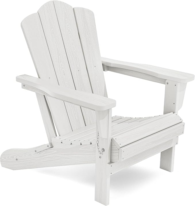 KINGYES Folding Adirondack Chair, HDPE All-Weather Patio Chairs, Wooden Textured Lawn Chair for Poolside, Backyard, Deck, Fire Pit, White