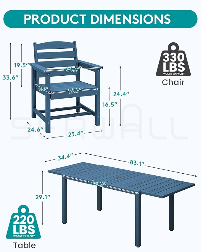 SERWALL 5-Piece Outdoor Table and Chairs, 60" - 83" Expandable Outdoor Dining Table with Aluminum Frame & HDPE Tabletop, All Weather HDPE Patio Furniture Set for Backyard, Garden, Blue