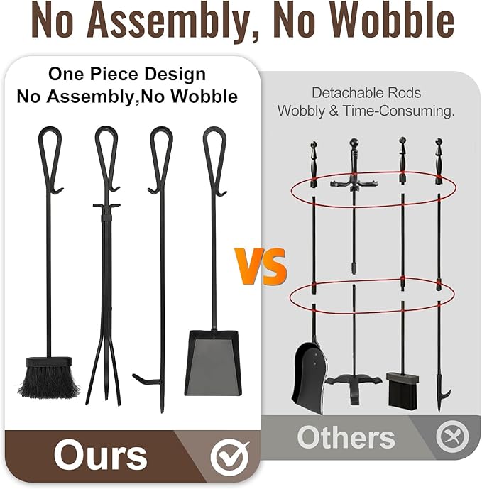 AMAGABELI GARDEN & HOME 5 Pieces Fireplace Tools Set Heavy Duty Black Cast Wrought Iron Tool Set with Log Holder Fire Set Stand Scroll Rustic Antique Accessories Set