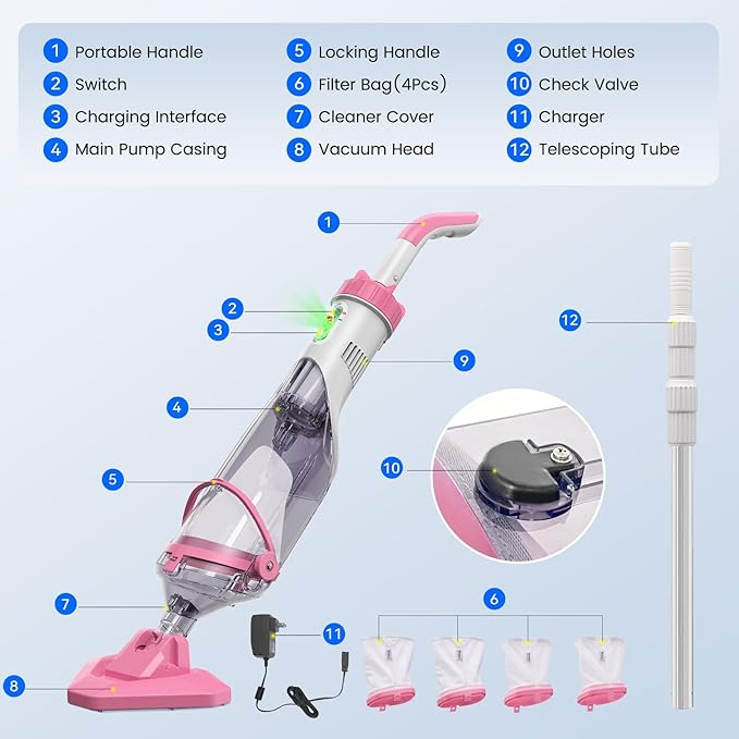 Enhulk Pool Vacuum for Above Ground Pool with a Telescopic Pole, Running time up to 1H, T403 Handheld Rechargeable Pool Cleaner with Powerful Suction up to 18.5 gallons/min, Ideal for Leaves, Debris