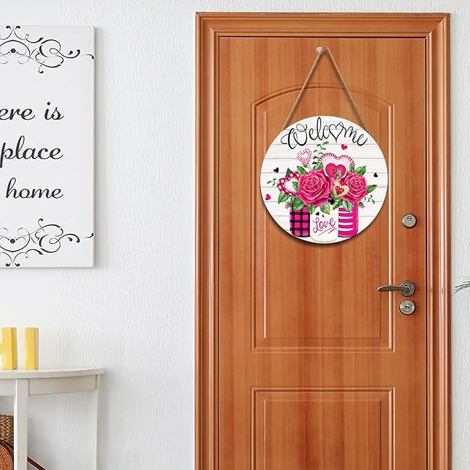 Welcome Valentine's Day Rose Flower Door Sign For Front Door Decor,Mason Jar Pink Love Heart Wooden Sign 12"x 12" Round Wood Hanging Door Sign Anniversary Wedding Decoration for Wall Rustic Decor