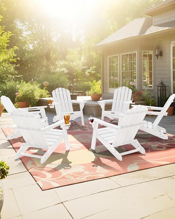 Adirondack Chairs Set of 6, HDPE Material Fire Pit Chairs, Plastic Adirondack Chairs with 2 Cup Holder, Outdoor Lawn Chair for Patio Garden,White