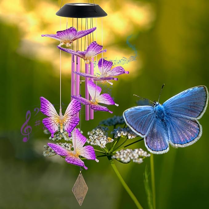 Butterfly Solar Wind Chimes,New Gift for All mom/dad/Women/Grandma/Daughter/Aunt/Friend/Wife and Sister. Yard Decor,Gardening Birthday Gift, Christmas Decorations,Patio Decor