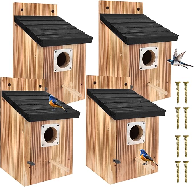 4-Piece Outdoor Bird House Set, Bird Houses for Outside with Metal Guards, Safety Locks, Flight Slots, & Ventilation, Bluebird Houses with 1-1/2" Entrance for Bluebirds, Wrens, Finches-Black