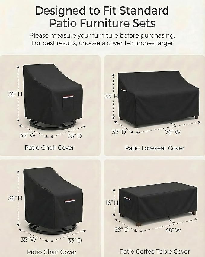 4-Piece Patio Furniture Cover Set, Waterproof Outdoor Furniture Covers for 3-Seater Sofa, Patio Chairs & Coffee Table, Heavy-Duty 600D, Fade&UV-Resistant, Breathable, All-Season Protection, Black