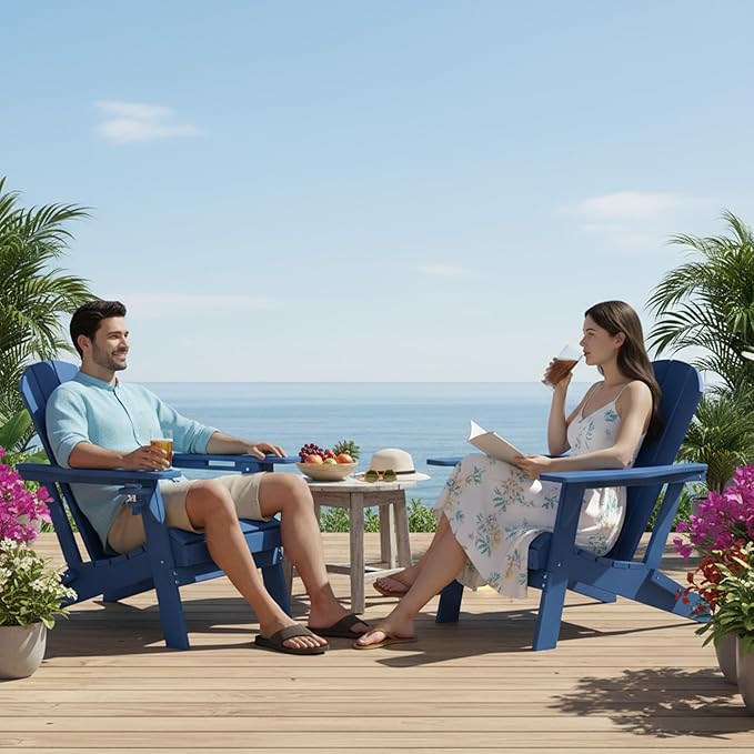 GLANC Folding Adirondack Chair Set of 2, HDPE All-Weather Outdoor Patio Fire Pit Chairs Lawn Chair for Poolside Backyard Deck Balcony, Wooden Textured with Cup Holder, 380LBS Capacity (Navy Blue)