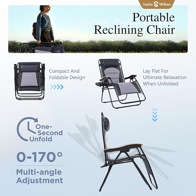 Sophia & William XXL Zero Gravity Chair Set of 2, Oversized Gravity Recliner Lounge Chair Outdoor Gravity Chair with Free Cup Holder, Supports 400 LBS (Grey)