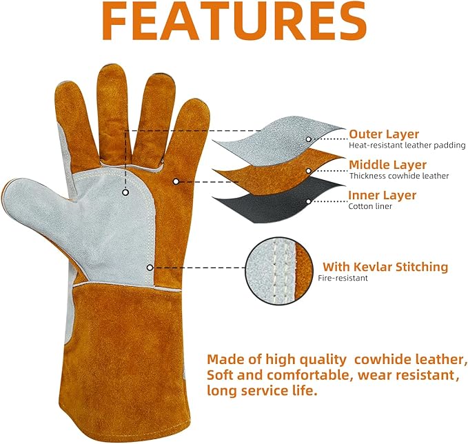 14" Leather Welding Gloves, Fire and Heat Resistant Long Sleeve Welding Gloves, For Mig, Gas, BBQ, Oven, Grill, Fireplace, Baking Mitts, Fireplace, Animal Training, Animal Handling