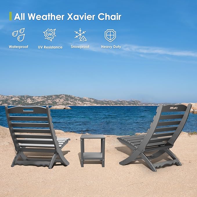 GREENVINES Folding-Xavier-Chair | Wave | Portable Adirondack-Chairs | HDPE Plastic | All Weather Fire-Pit Chair | Gray | for Beach Outdoor Deck Poolside Garden Patio Porch Fishing