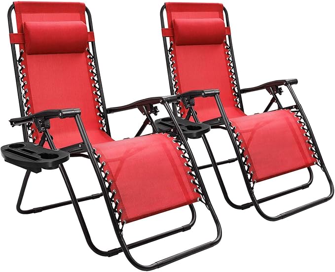 Devoko Patio Zero Gravity Chair Outdoor Folding Adjustable Reclining Chairs Pool Side Using Lawn Lounge Chair with Pillow Set of 2 (Red)
