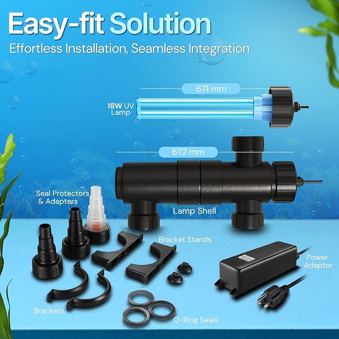 Flexzion Pond UV Lights for Outdoor Ponds - 18W Medium Light, 5283-Gal Capacity, 2500L/H UV Pond Clarifier for Outdoor Ponds, Clears Water in Days (CUV-118)