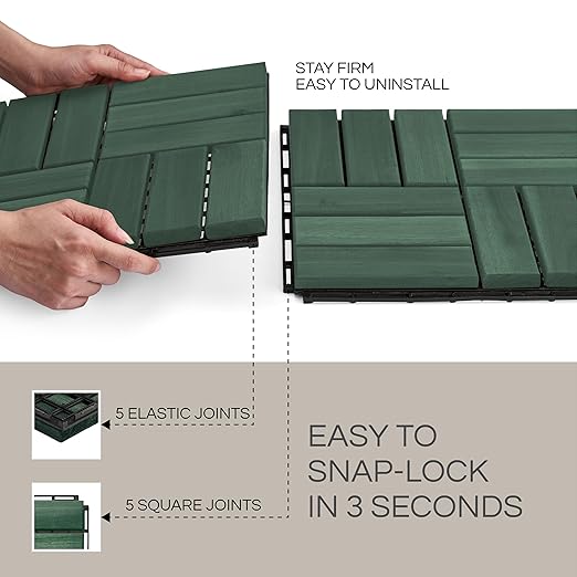 10 Pcs Deck Tiles, Patio Flooring - Outdoor Waterproof Acacia Wood Tiles for All Weather Use - Balcony, Backyard, Indoor & Outdoor (Knysna Green, 10 Square Ft)