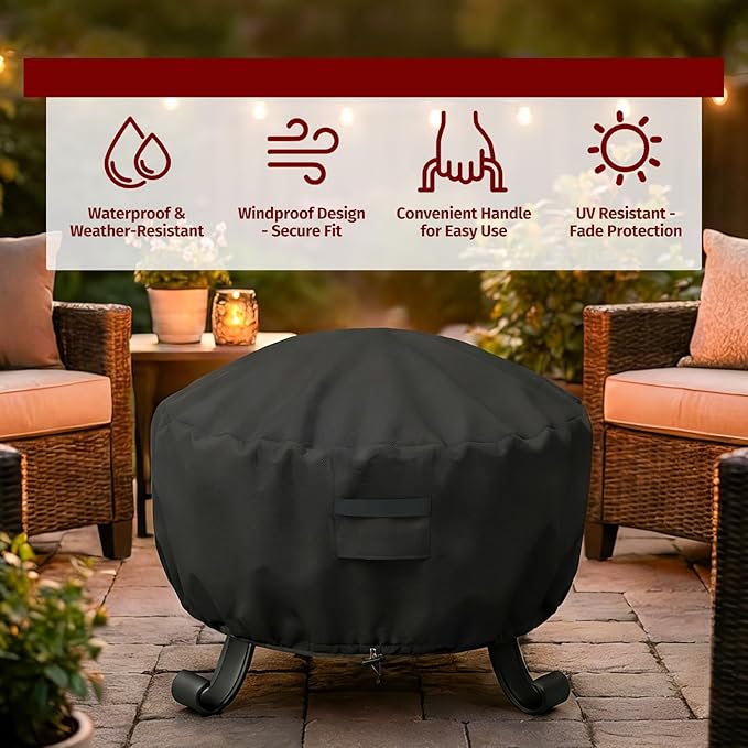 SHINESTAR Fire Pit Cover Round, Fits for 32-36 Inch Fire Pit Table, 600D Heavy Duty Fabric, Waterproof and Windproof, 36" D x 20" H, Black
