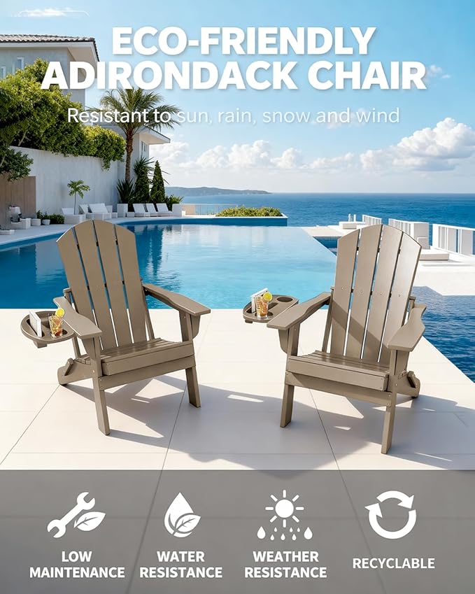 Adirondack Chair Set of 6, HDPE Folding Adirondack Chair with Multifunctional Cup Holder, Weather Resistant Fire Pit Chair for porches, patios, poolsides, Decks.