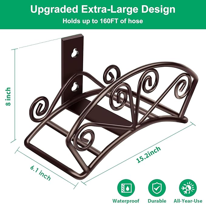 TomCare Garden Hose Holder Extra Large Water Hose Holders Holds 160 FT Hoses Heavy Duty Metal Hose Hanger Wall Mount Decorative Garden Hoses Storage Organizer Reels for Outside Yard, Bronze