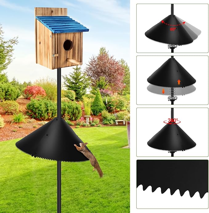 Squirrel Baffle for Bird Feeder Pole, Squirrel Guard with Mounting Bracket, Spring-Supported and Spiked Edge, for 1x1 Post, 19-Inch, Black