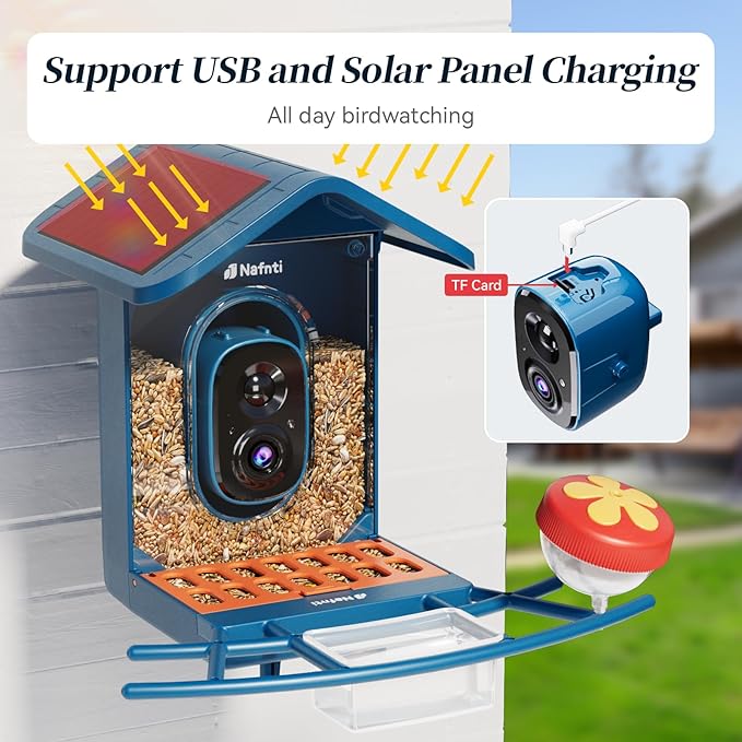 Smart Bird Feeder with Camera Solar Powered, 5GHz/2.4GHz, 2K HD Live View, AI Bird Species Identify, Instant Arrival Alerts, Weatherproof Outdoor Bird Feeder Camera, Best Gift for Bird Lovers