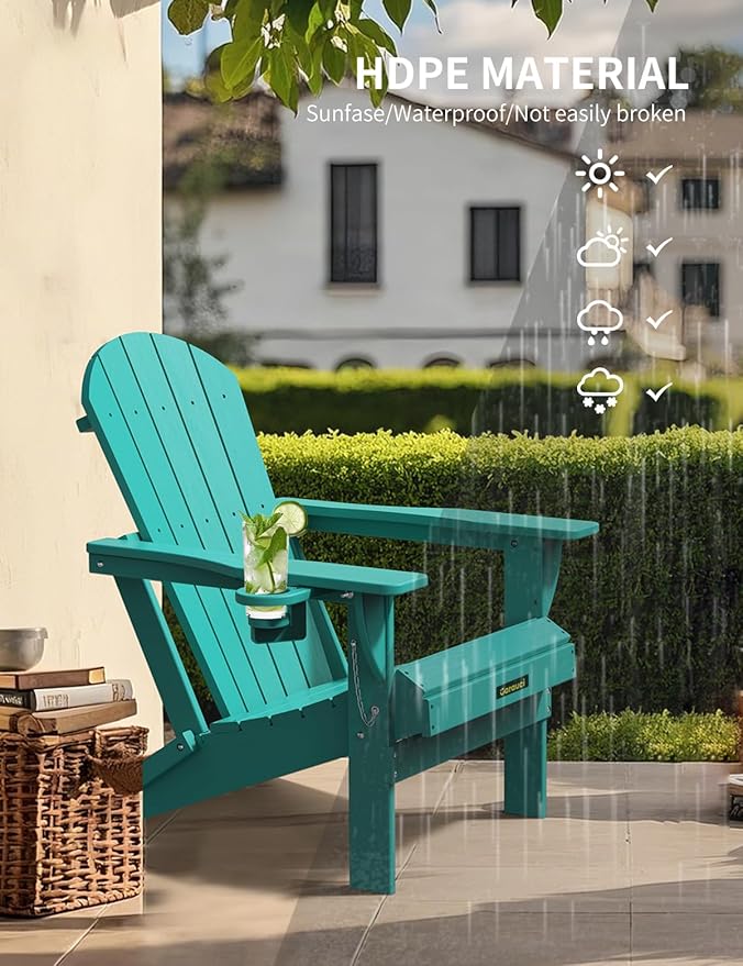 Carauci Plastic HDPE Adirondack Chair, Folding Adirondack Chair Weather Resistant with Cup Holder, Wooden Textured Fire Pit Outdoor Chair for Garden, Porch, Lawn, Backyard, Supports 380LBS, Lake Blue