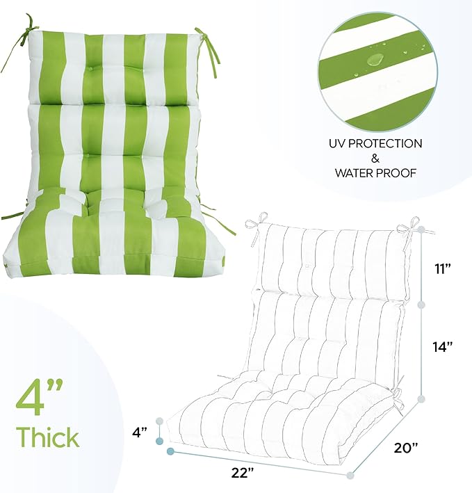 Only choice High Back Chair Cushions,Adirondack Chair Cushion with Waterproof All-Weather, Rocking Chair Cushion for Outdoor Patio, Garden Porch 44”x 22”x 4,Set of 2 (Green/White)