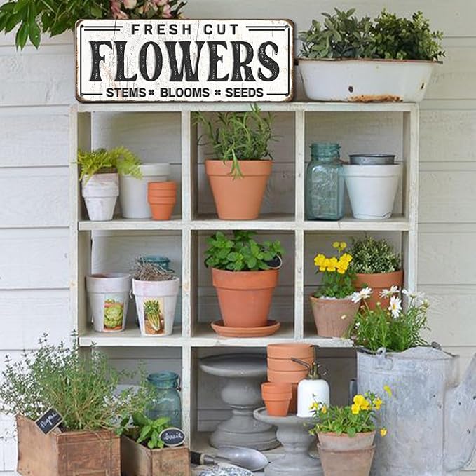 Fresh Cut Flowers Sign, Metal, 6x16 inches, Vintage Farmers Market Art, Flower Shop Wall Decor, Garden Sign