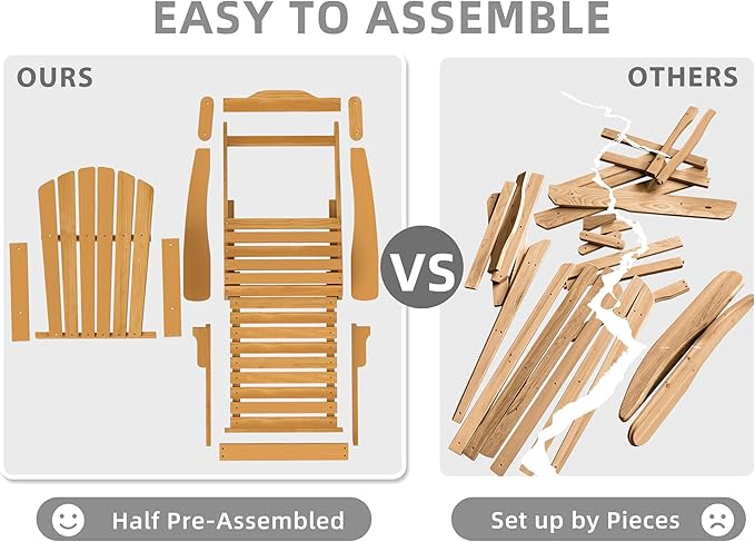 Oversized Outdoor Wooden Folding Adirondack Chair with Retractable Ottoman, Wood Patio Chair with Footrest for Garden Backyard Porch Pool Deck Firepit