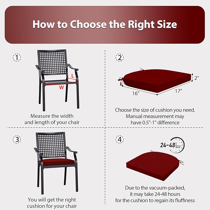 Outdoor Chair Cushions Set of 4, 17 x 16 Inch Patio Chair Cushions for Outdoor Furniture, Water Resistant, Non-Slip Ties(Dark Red)