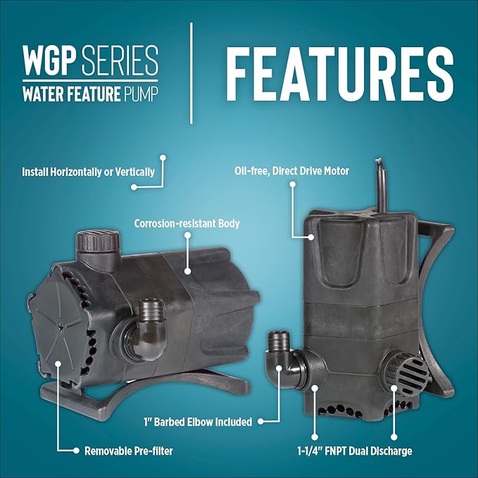 Little Giant WGP-65-PW 115 Volt, 1900 GPH Dual Discharge Direct Drive Submersible Waterfall and Pond Pump, Black, 566409