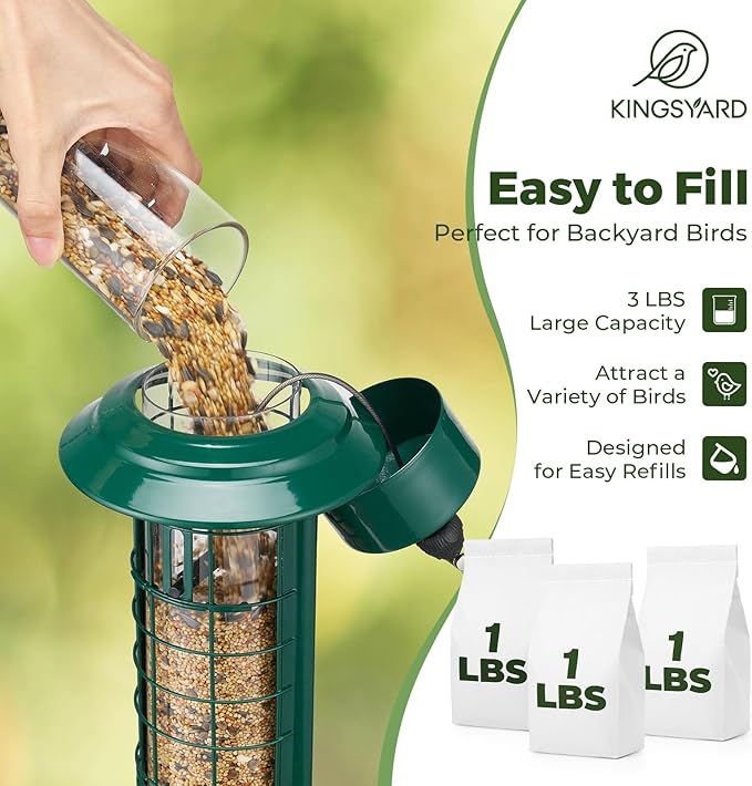 Kingsyard Squirrel Proof Bird Feeder for Outside Hanging, Weight-Activated All-Metal Wild Bird Feeders for Cardinal Finch, Detachable Base Easy to Clean, 3 LBS Capacity,Green