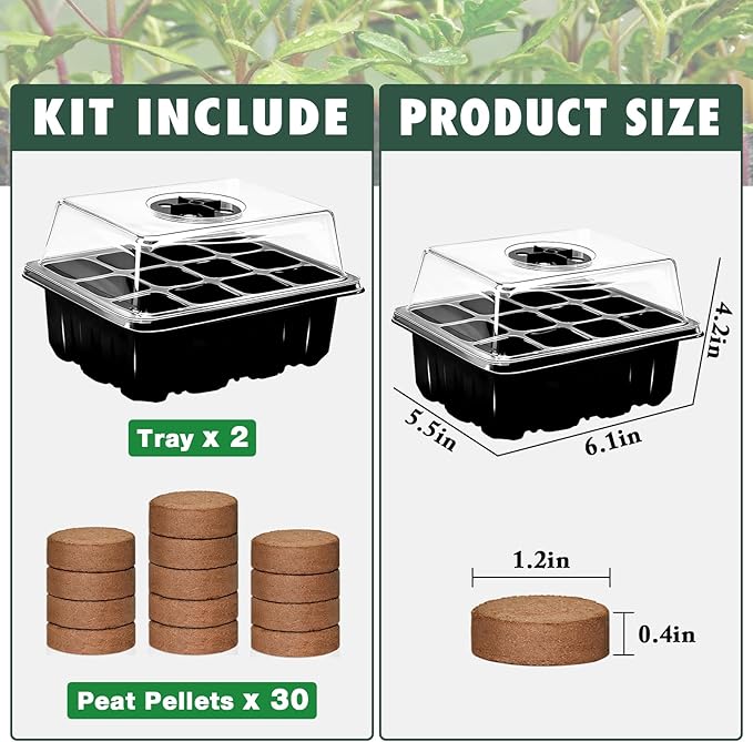 Zeedix 2 Set Seed Starter Tray Kits with Soil, 2 Pack Seed Trays with 30 Pack Coco Coir Pellets, Adjustable Humidity Germination Tray with Dome Lids for Indoor Plants, Greenhouse for Vegetables Garden