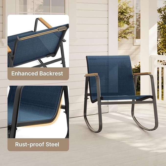 Aiho 3 Piece Rocking Bistro Set, Textilene Fabric Patio Furniture Set, Front Porch Rocker Chairs with Coffee Table for Lawn, Garden, Balcony, Poolside (Blue)