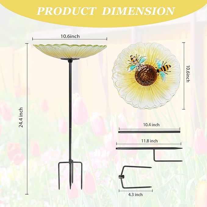 Bird Baths for Outdoors, Glass Birdbaths Outdoor Garden Birdfeeder with Metal Stake for Lawn Yard Decor, 24 Inch Height, Yellow