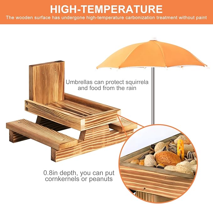 Gnodary Squirrel Feeder with Umbrella, Squirrel Feeders for Outside, Squirrel Picnic Table Feeder - Chipmunk Feeder Hold Corn, Corn Cob, Peanuts Style2 (Bright Orange)
