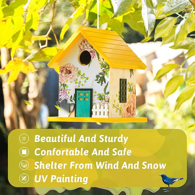 Spring Melody Bluebird House, Composite Material Nesting Box, Hanging Birdhouse for Blue Bird,Sparrow, Chickadee, Birdhouse for Outside, 5 Years Weatherable Bird Box on Post for Pole (Garden Cottage)