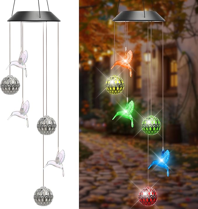 VIHOSE Solar Wind Chimes Lights Outdoor, Color Changing Hanging Solar Wind Chime, Hummingbird Moroccan Ball Mobile LED Lights for Outside Garden Yard Patio Decor, Waterproof